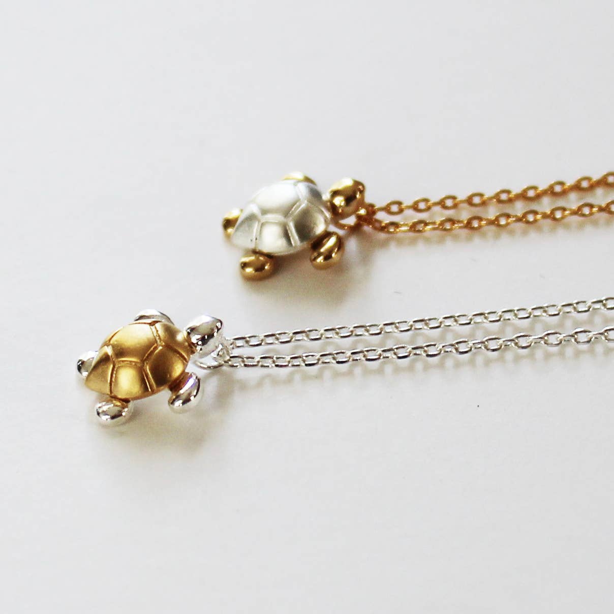 Two Tone Mixed Metal Turtle Pendant Matte 14K Gold Plated Sterling Silver Necklace