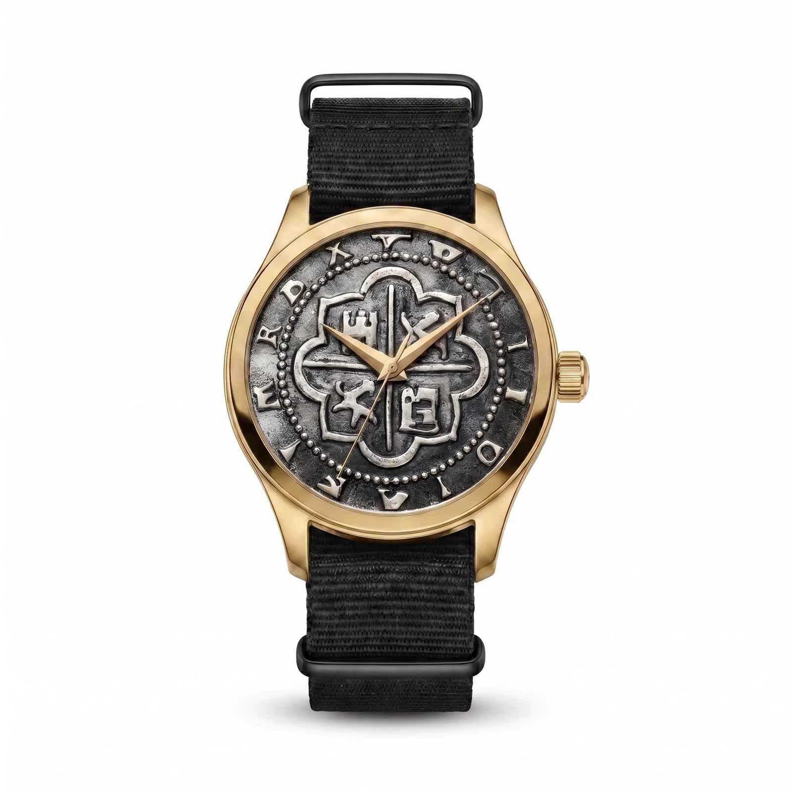 Atocha Recreation Silver Coin Watch with Gold Case & Black Nylon Strap