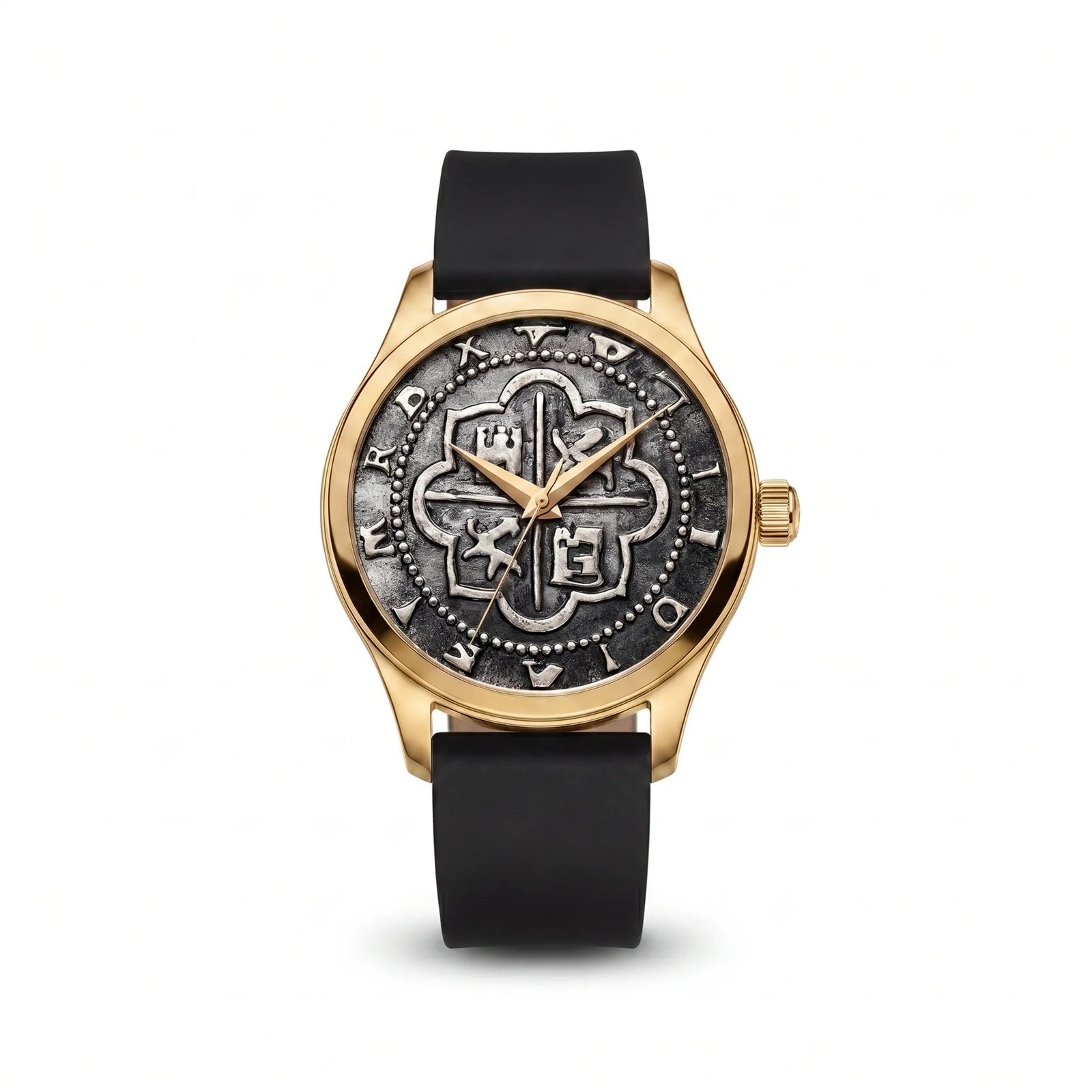 Atocha Recreation Silver Coin Watch with Gold Case & Black Silicone Strap