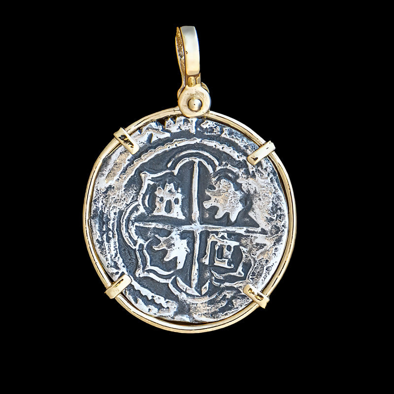 Atocha Jewelry - 2 Reale Silver Coin Pendant with 14k Gold Frame