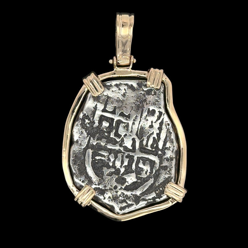 Atocha Jewelry - Long 4 Reale Silver Coin Pendant with 14k Gold Frame