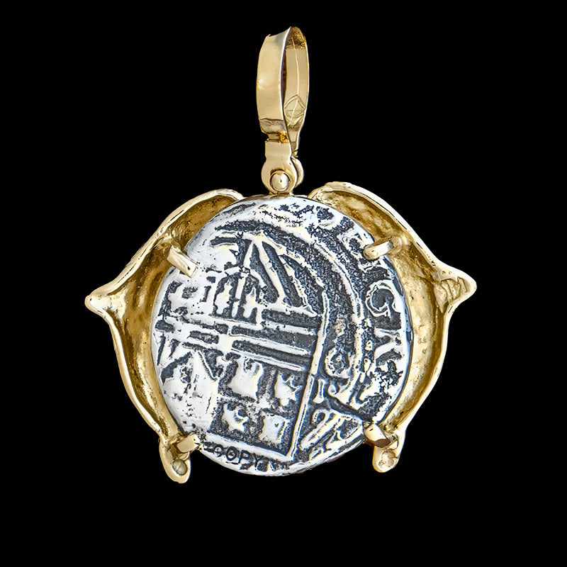 Atocha Jewelry - 2 Reales Silver Coin Pendant with14K Gold Double Dolphin Frame