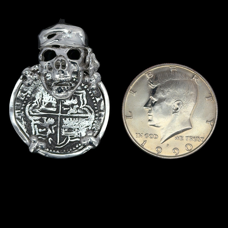 Atocha Jewelry - 8 Reale Silver Coin Pirate Skull Pendant w/Sterling Silver Frame