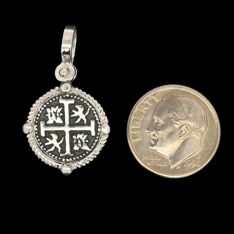 Atocha Jewelry - Small Silver Coin Pendant w/Sterling Silver Four Point Frame