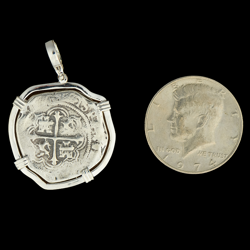 Atocha Jewelry - Large Pieces of 8 Silver Coin with Date Pendant with Sterling Silver Wrap Frame