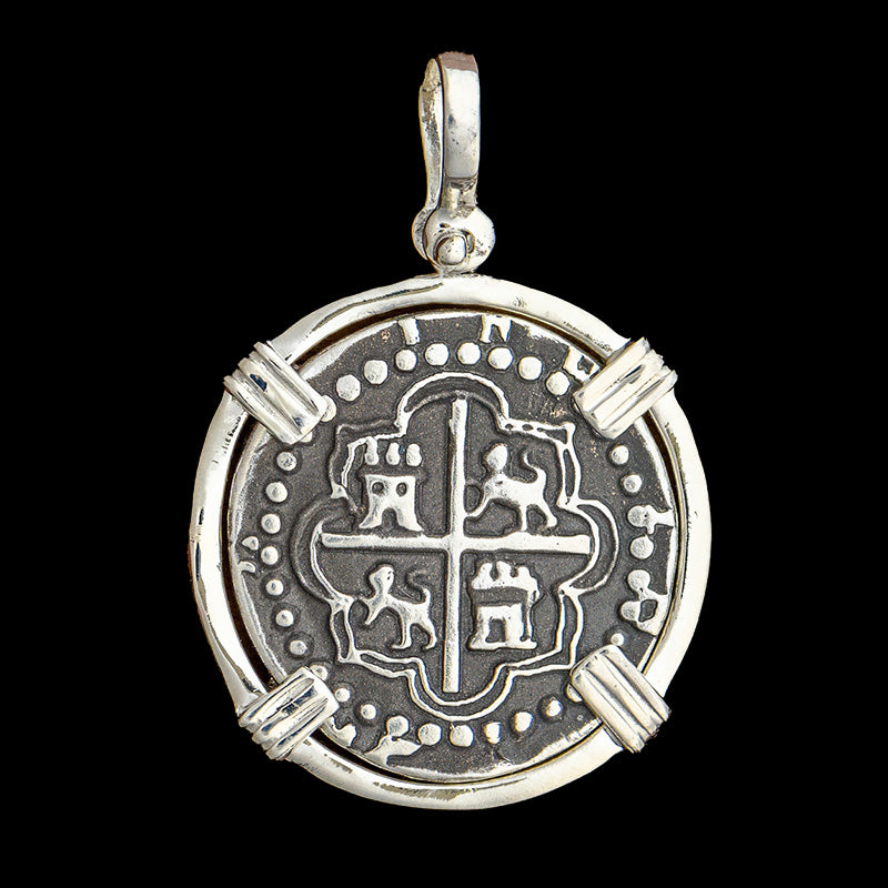 Atocha Jewelry - 2 Reale Silver Coin Pendant with Sterling Silver Triple Prong Wrap Frame
