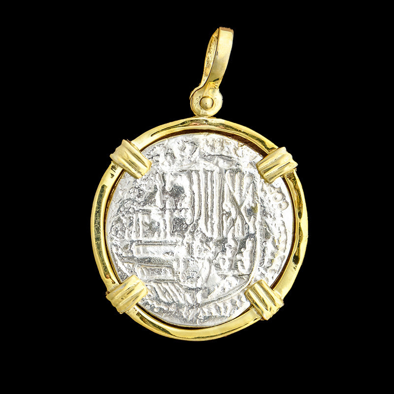Atocha Jewelry - 2 Reale Silver Coin Pendant with 14K Gold Triple Prong Wrap Frame