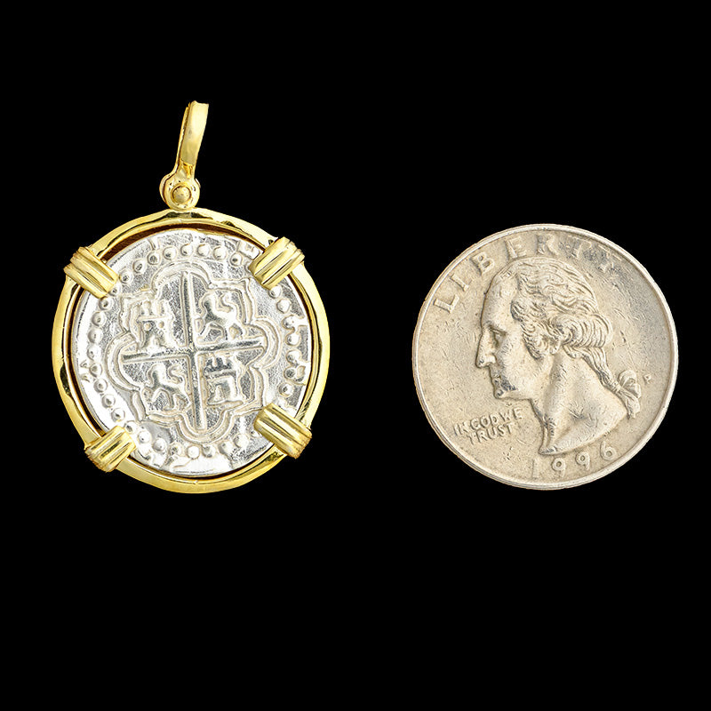 Atocha Jewelry - 2 Reale Silver Coin Pendant with 14K Gold Triple Prong Wrap Frame