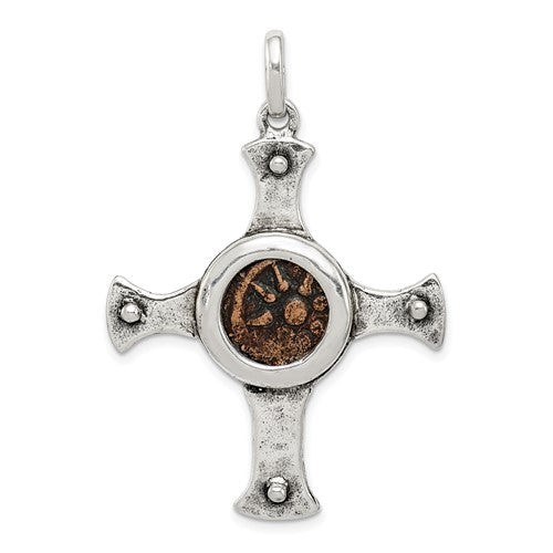 Ancient Coins Sterling Silver and Bronze Antiqued Widow's Mite Coin Cross Pendant