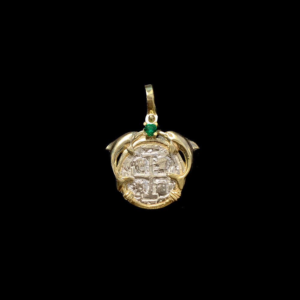 Atocha Jewelry - Small Silver Coin Kissing Dolphins with Emerald Pendant