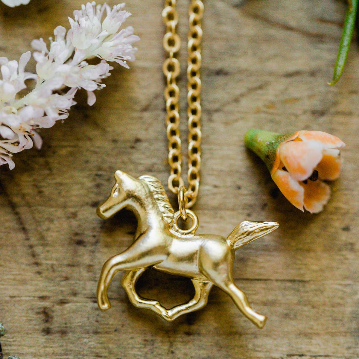 Running Horse Pendant Matte 14K Gold Plated Sterling Silver Necklace