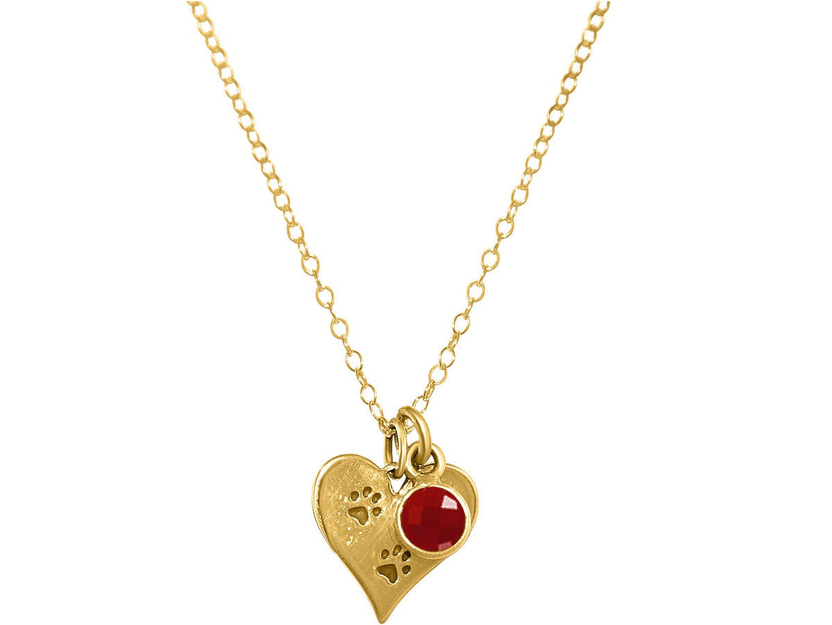 Paw Print Heart Pendant with Red Ruby Gold Plated Sterling Silver Necklace