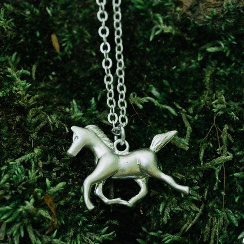 Running Horse Pendant Matte Sterling Silver Necklace