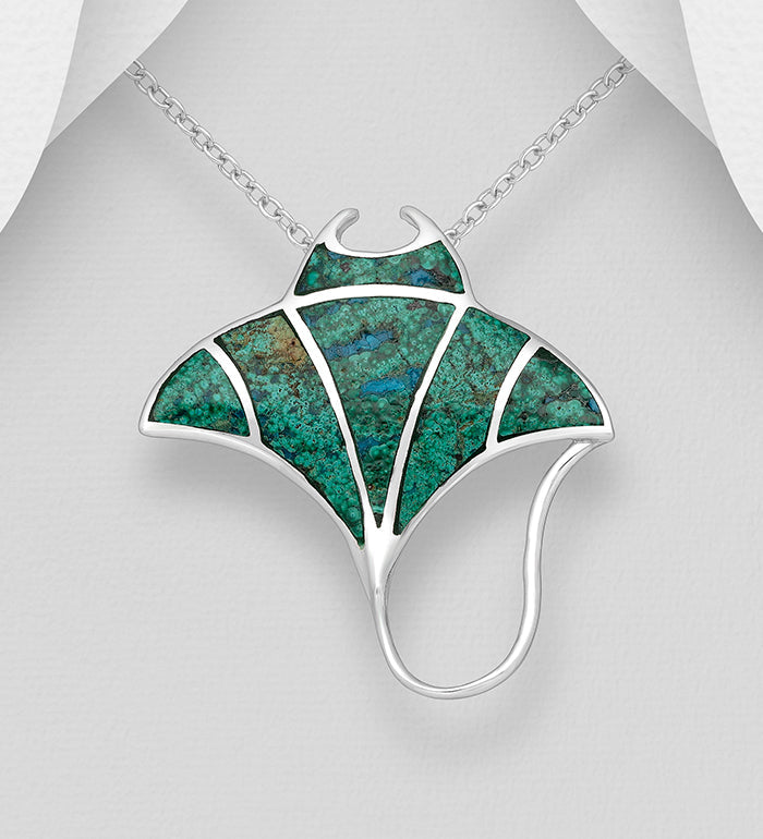 Stingray Pendant Sterling Silver, Decorated with Chrysocolla