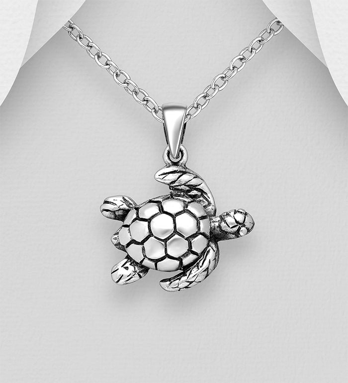 Turtle Pendant Oxidized Sterling Silver