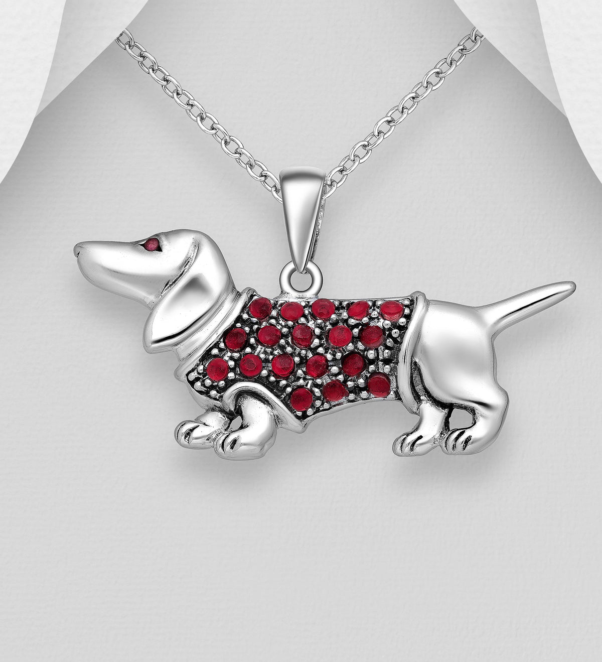 Dog Pendant Sterling Silver, Decorated with Cubic Zirconia Simulated Diamonds - Ruby