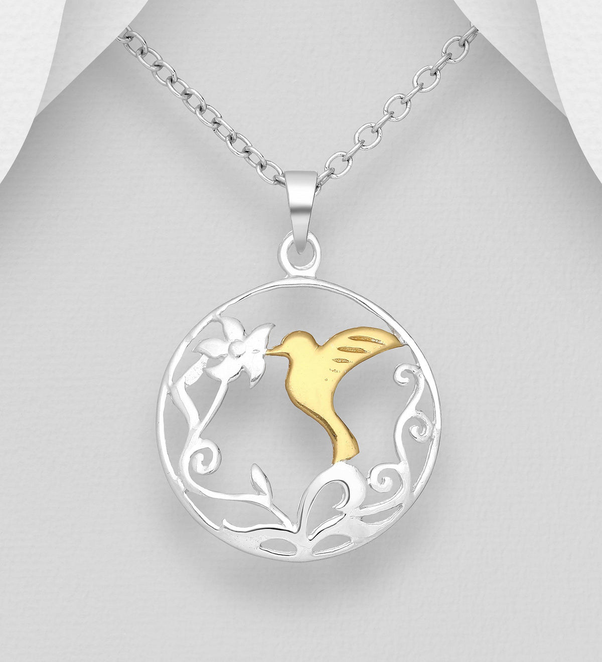 Bird and Leaf Sterling Silver Pendant, Bird Plated with 1 Micron 18K Yellow Gold