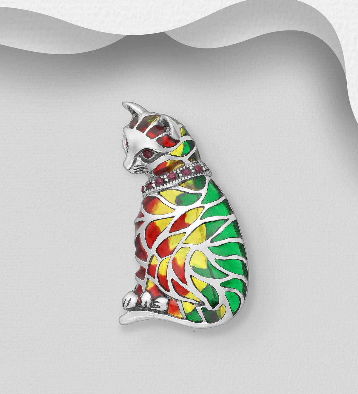 Cat Sterling Silver Brooch and Pendant, Decorated with Colored Enamel and Ruby