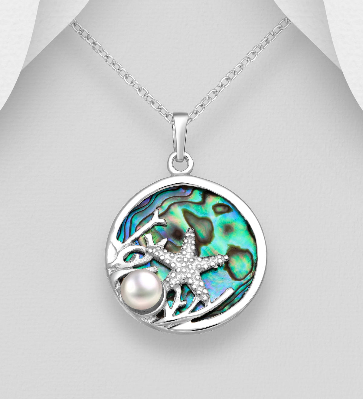 Starfish and Coral Pendant Sterling Silver, Decorated with Freshwater Pearl and Shell