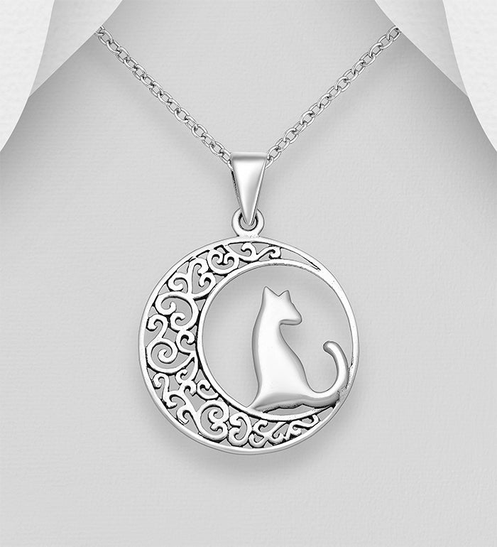 Filigree Crescent Moon and Cat Pendant Oxidized Sterling Silver