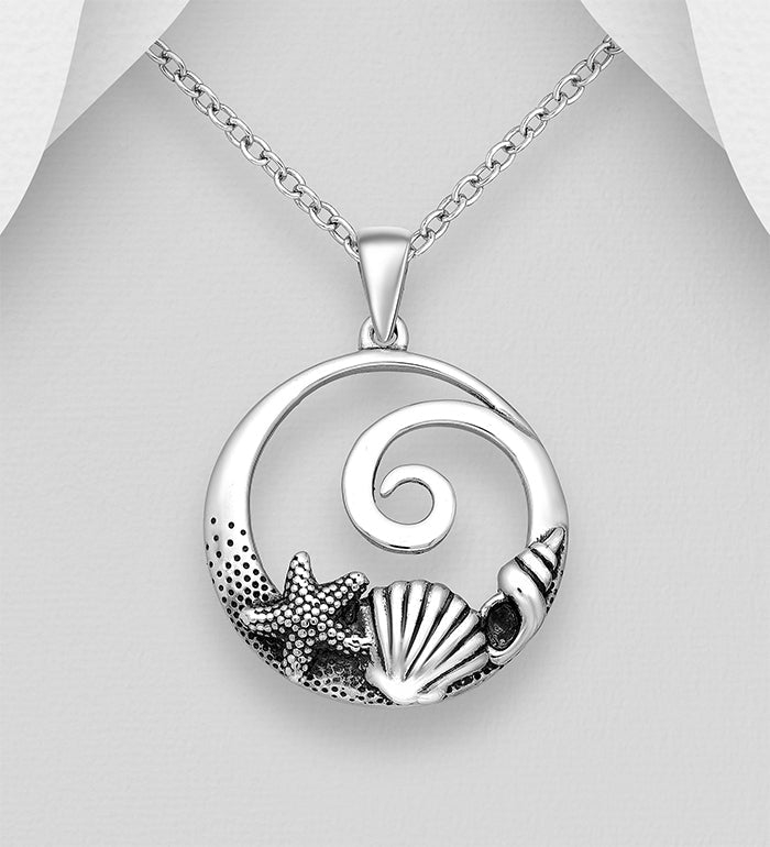 Shell, Starfish and Wave Pendant Oxidized Sterling Silver