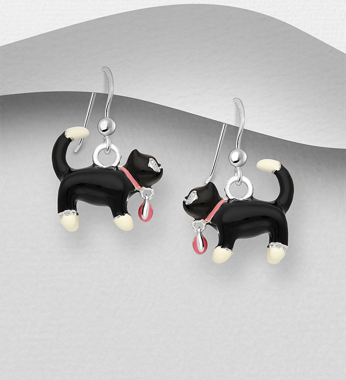 Cat Hook Sterling Silver Earrings, Decorated with Black Enamel