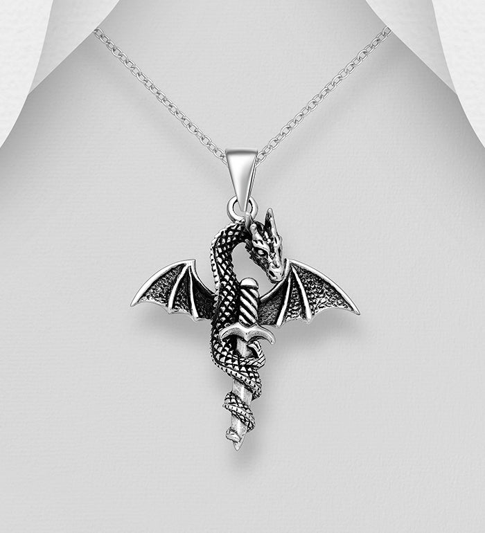 Dragon and Sword Pendant Oxidized Sterling Silver