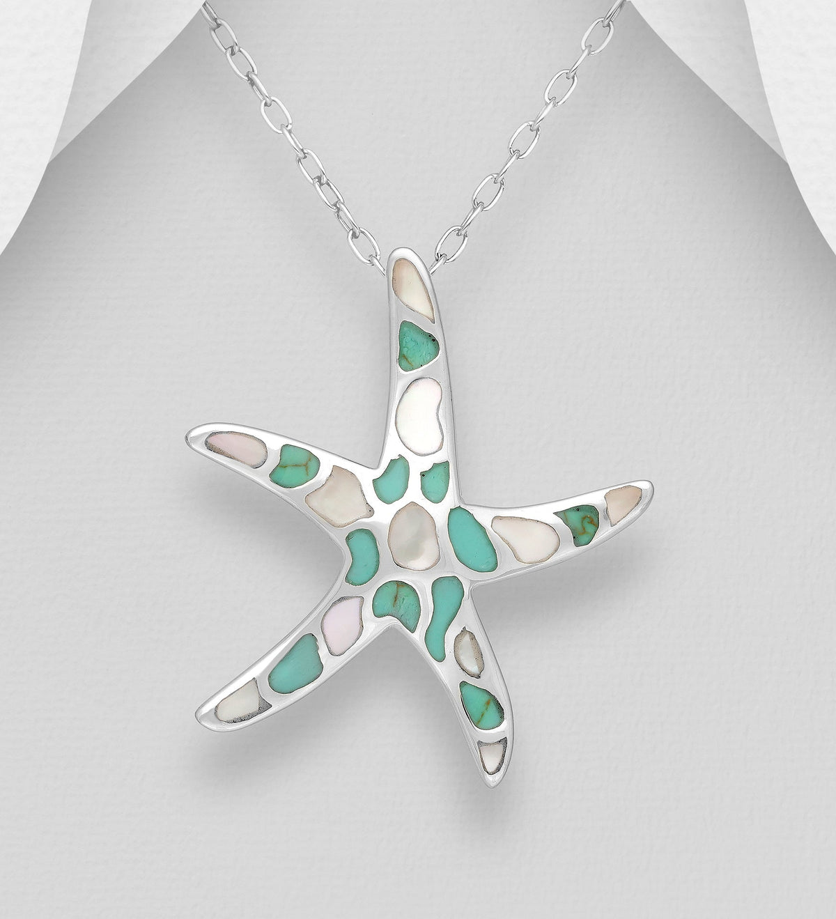 Starfish Pendant Sterling Silver Decorated with Shell or with Resin and Shell - Green &amp; White