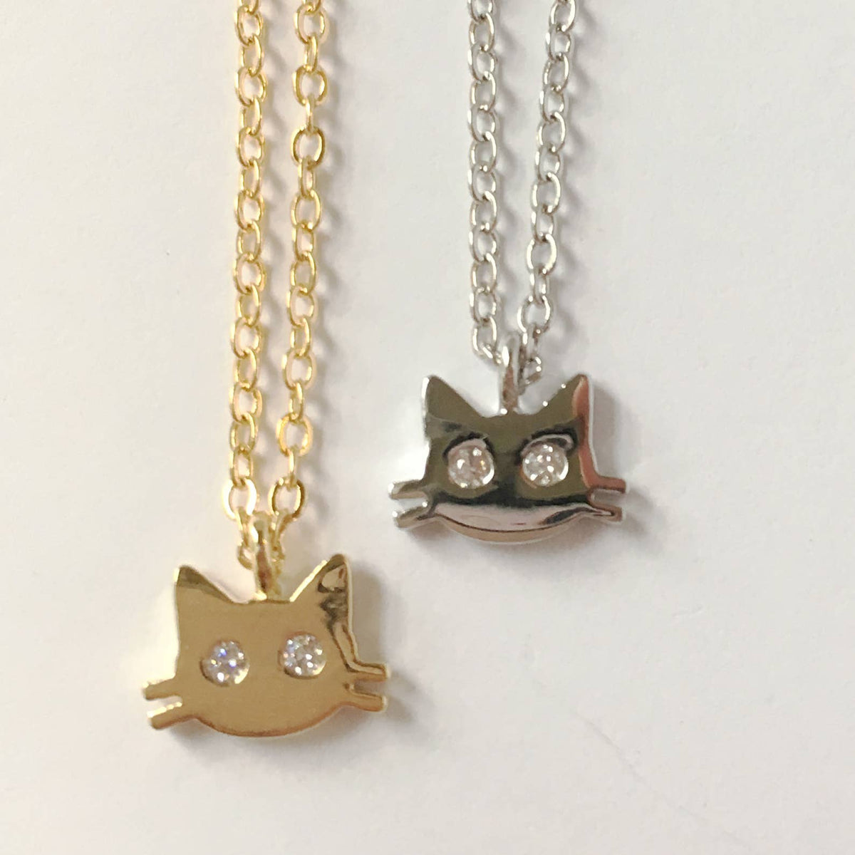 Cat Mini Face Pendant Matte 14K Gold Plated Sterling Silver Necklace