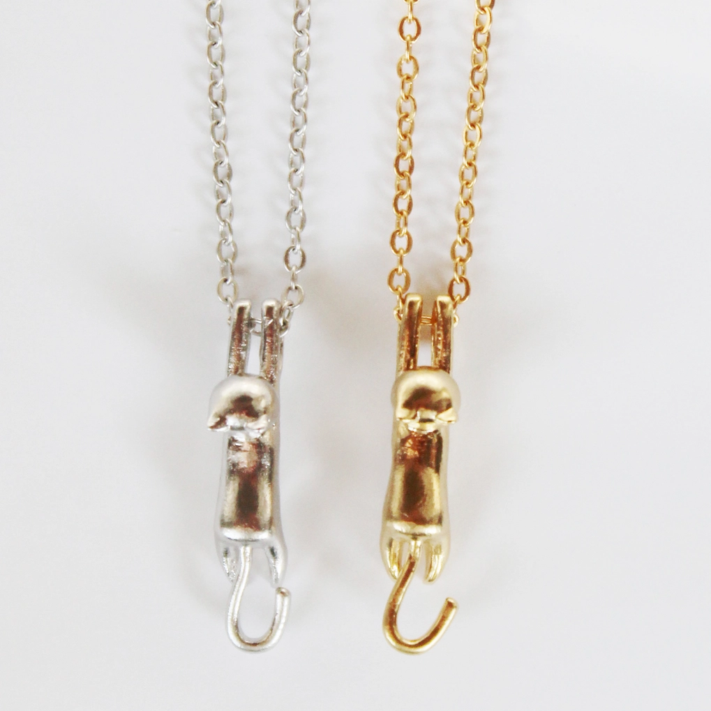 Cat Hanging Pendant Matte 14K Gold Plated Sterling Silver Necklace