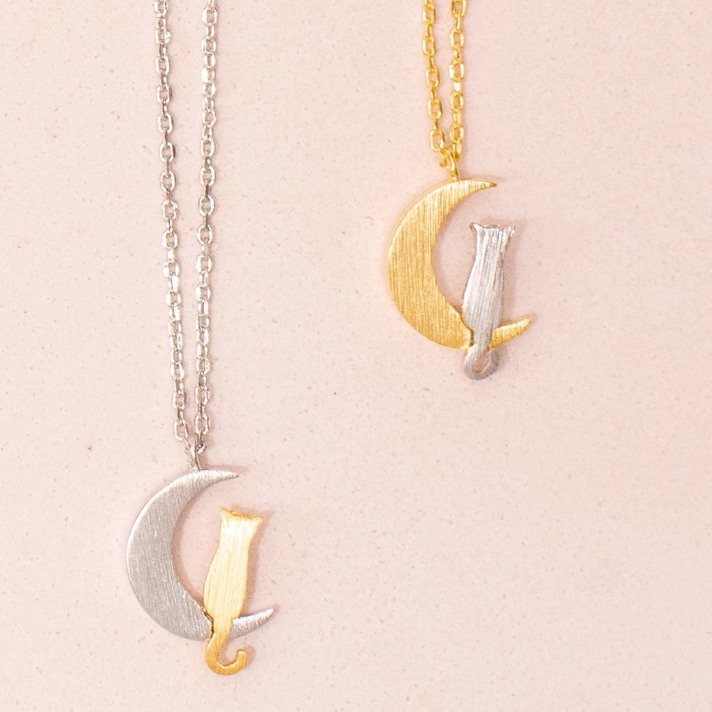 Cat on the Moon Pendant Sterling Silver Necklace