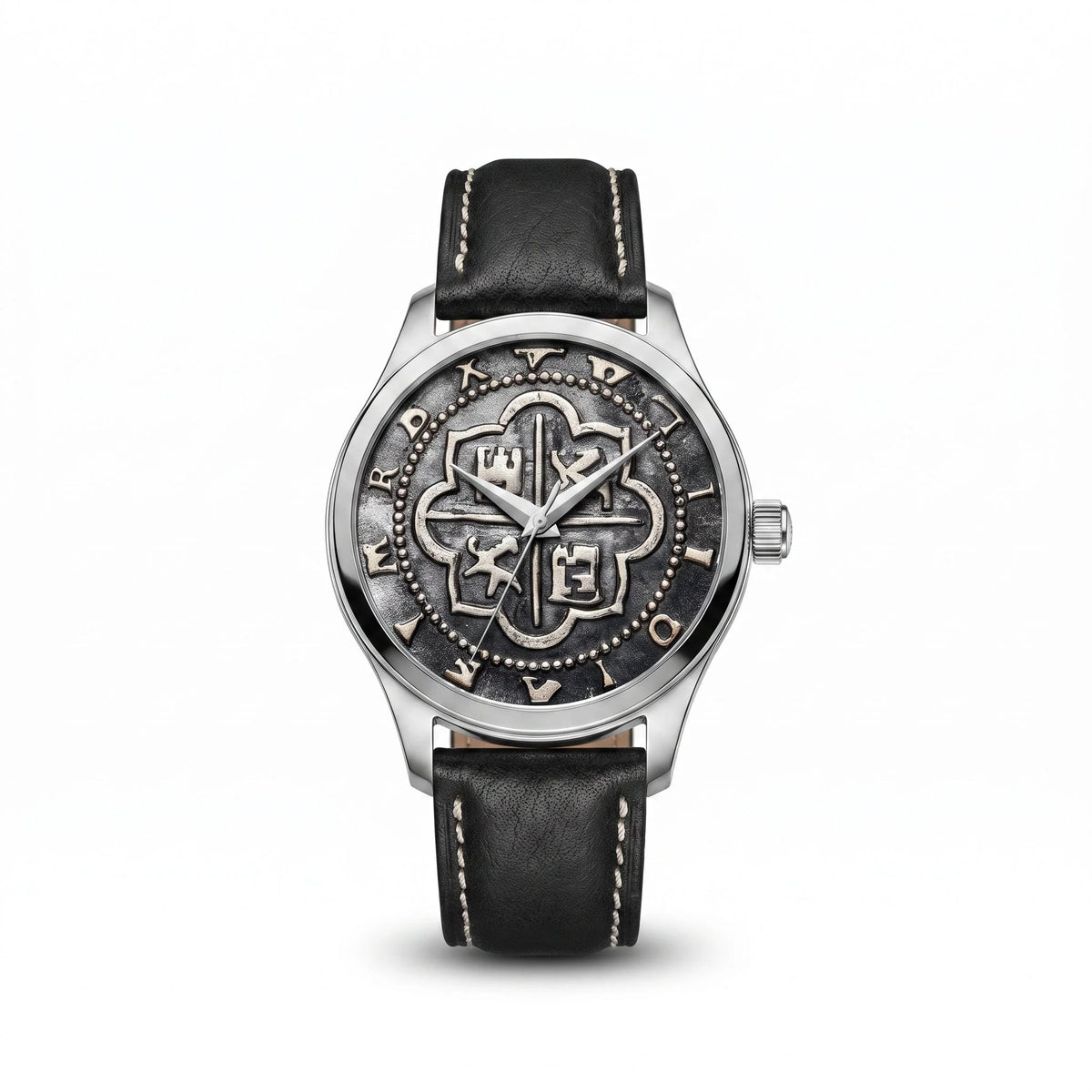 Atocha Recreation Silver Coin Watch with Silver Case &amp; Black Leather Band