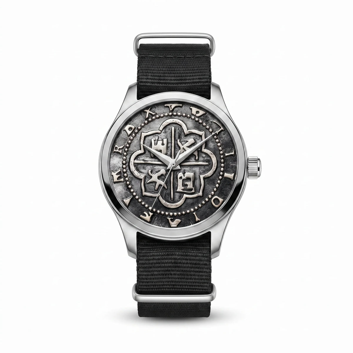 Atocha Recreation Silver Coin Watch with Silver Case &amp; Black Nylon Strap