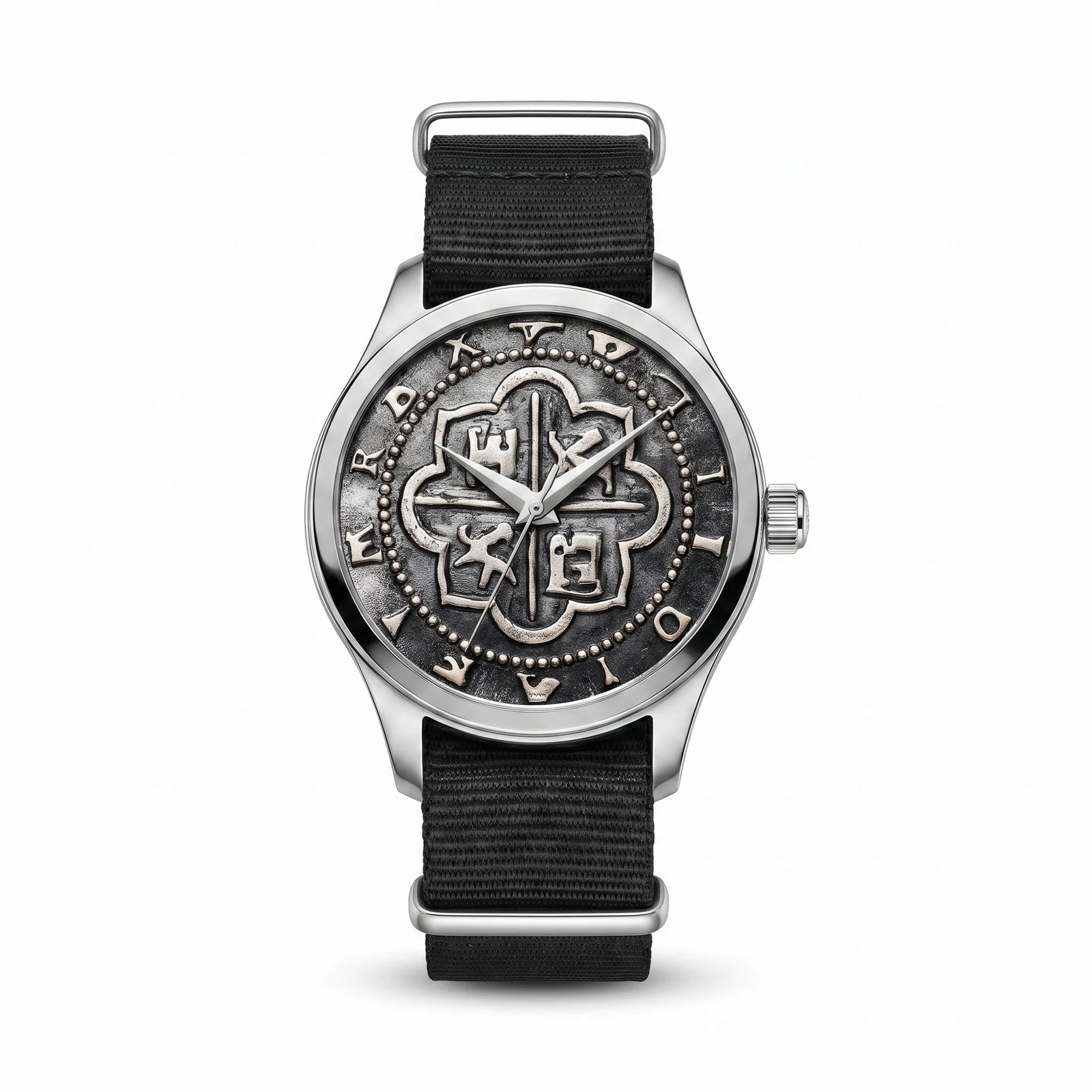 Atocha Recreation Silver Coin Watch with Silver Case & Black Nylon Strap