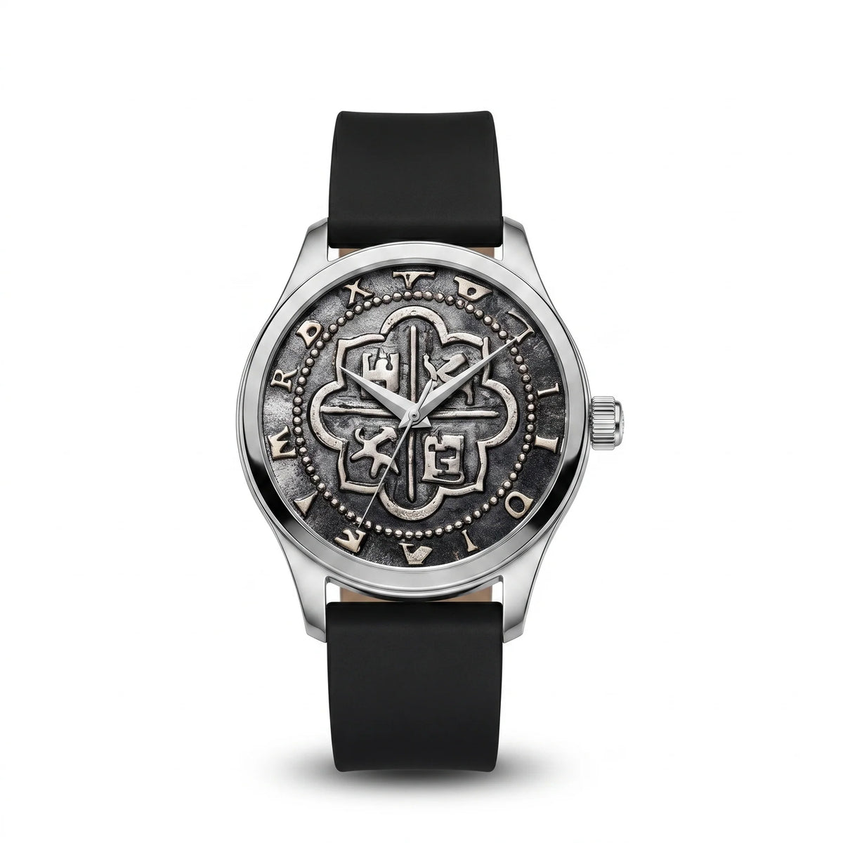 Atocha Recreation Silver Coin Watch with Silver Case &amp; Black Silicone Strap