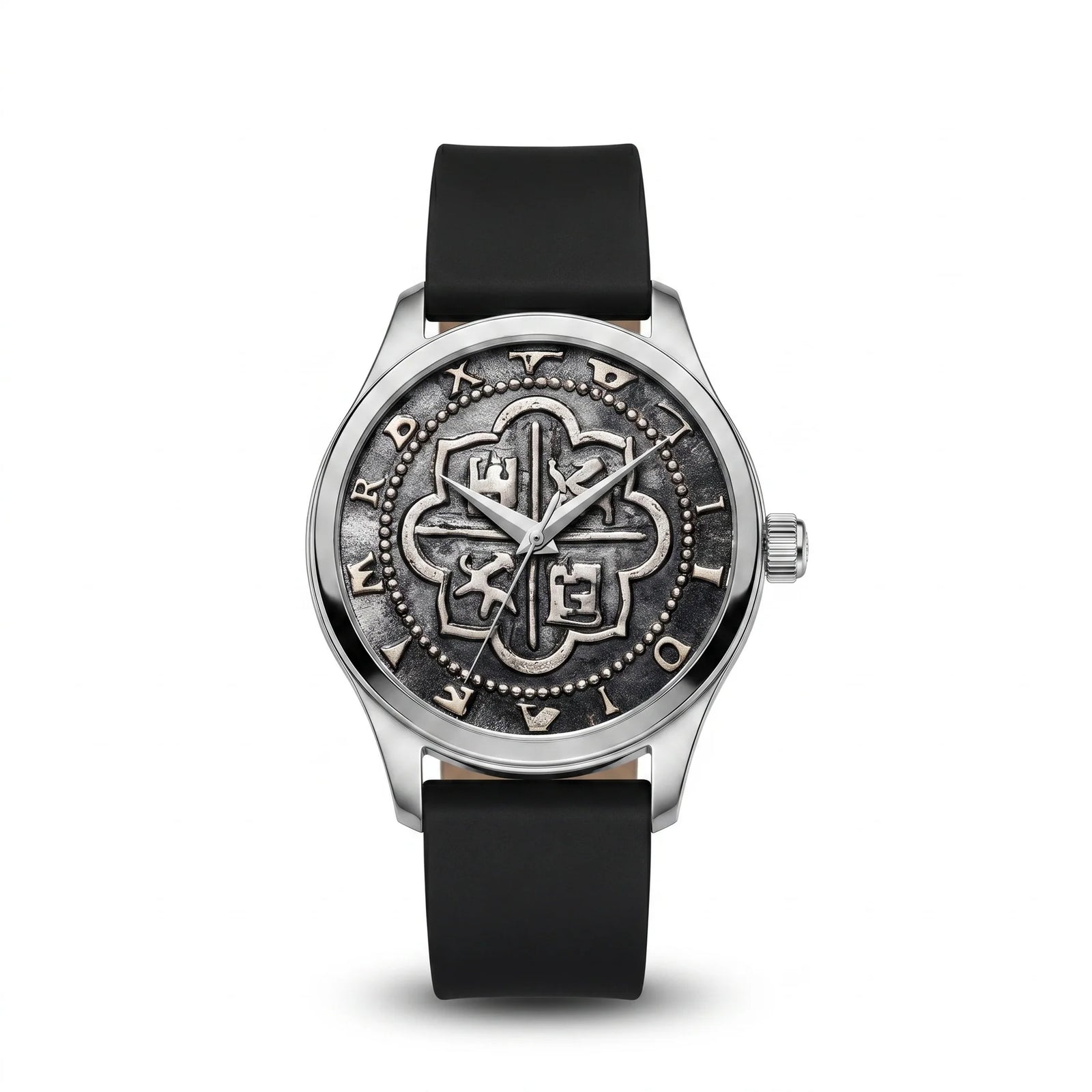 Atocha Recreation Silver Coin Watch with Silver Case & Black Silicone Strap