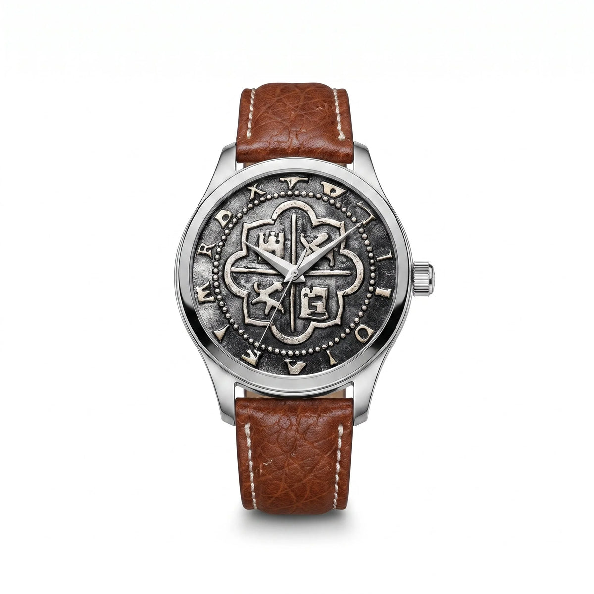 Atocha Recreation Silver Coin Watch with Silver Case &amp; Brown Leather Band