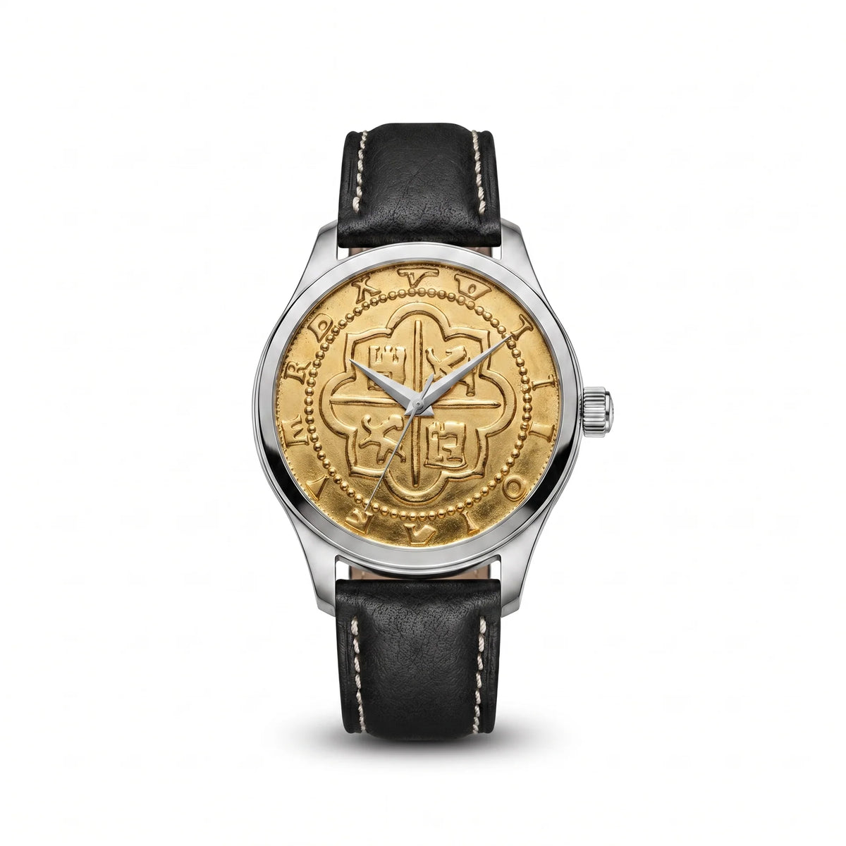 Atocha Recreation Gold Coin Watch with Silver Case &amp; Black Leather Band