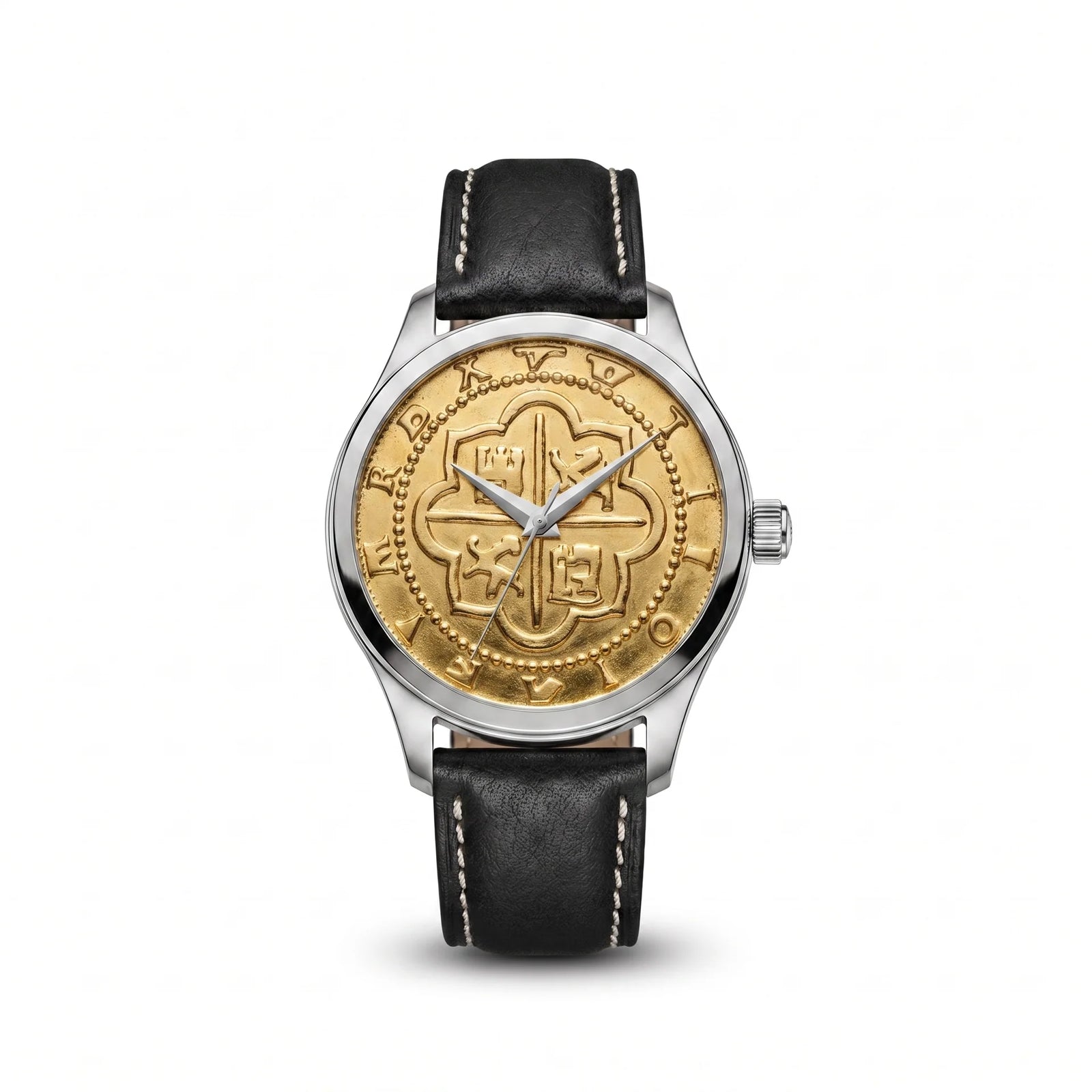 Atocha Recreation Gold Coin Watch with Silver Case & Black Leather Band
