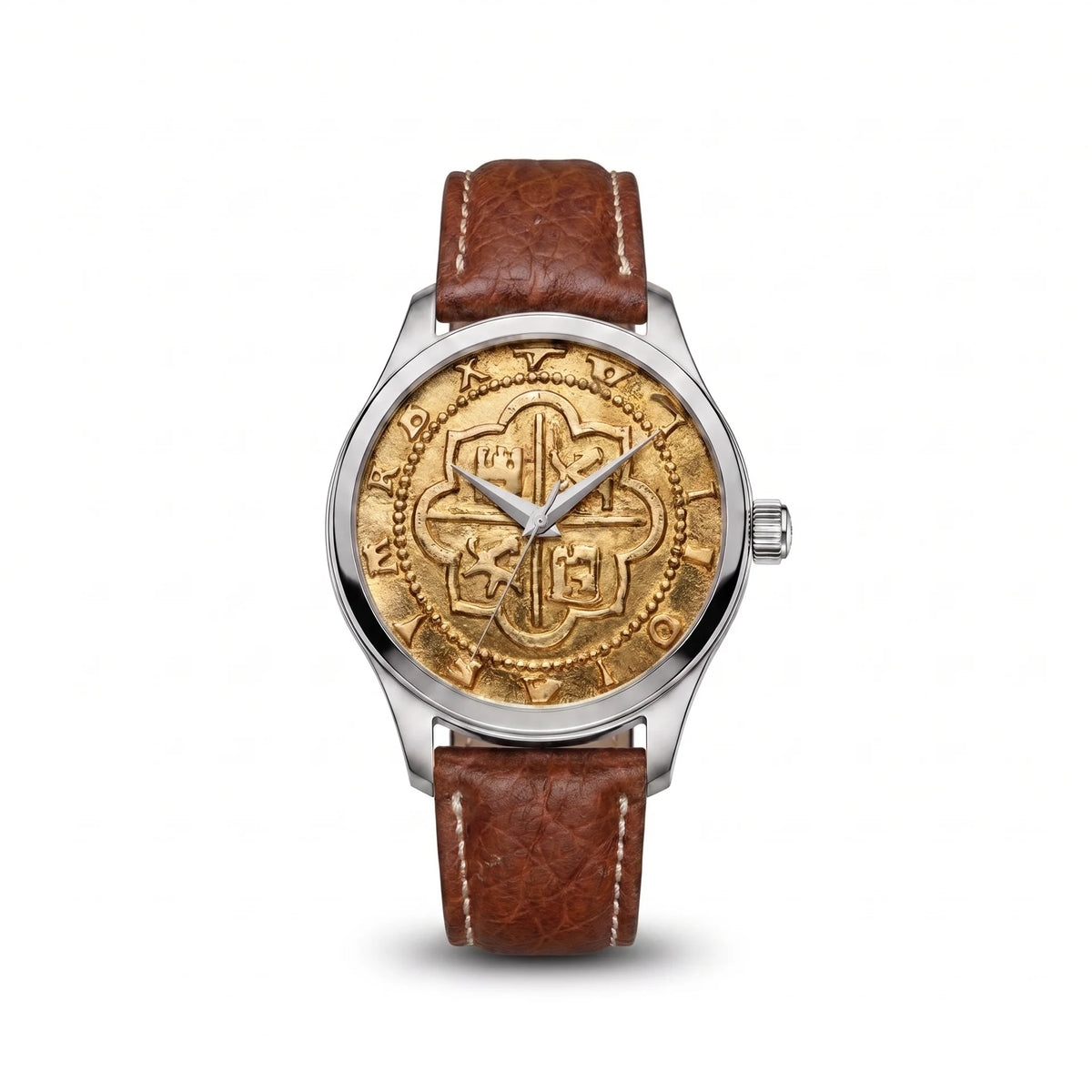 Atocha Recreation Gold Coin Watch with Silver Case &amp; Brown Leather Band