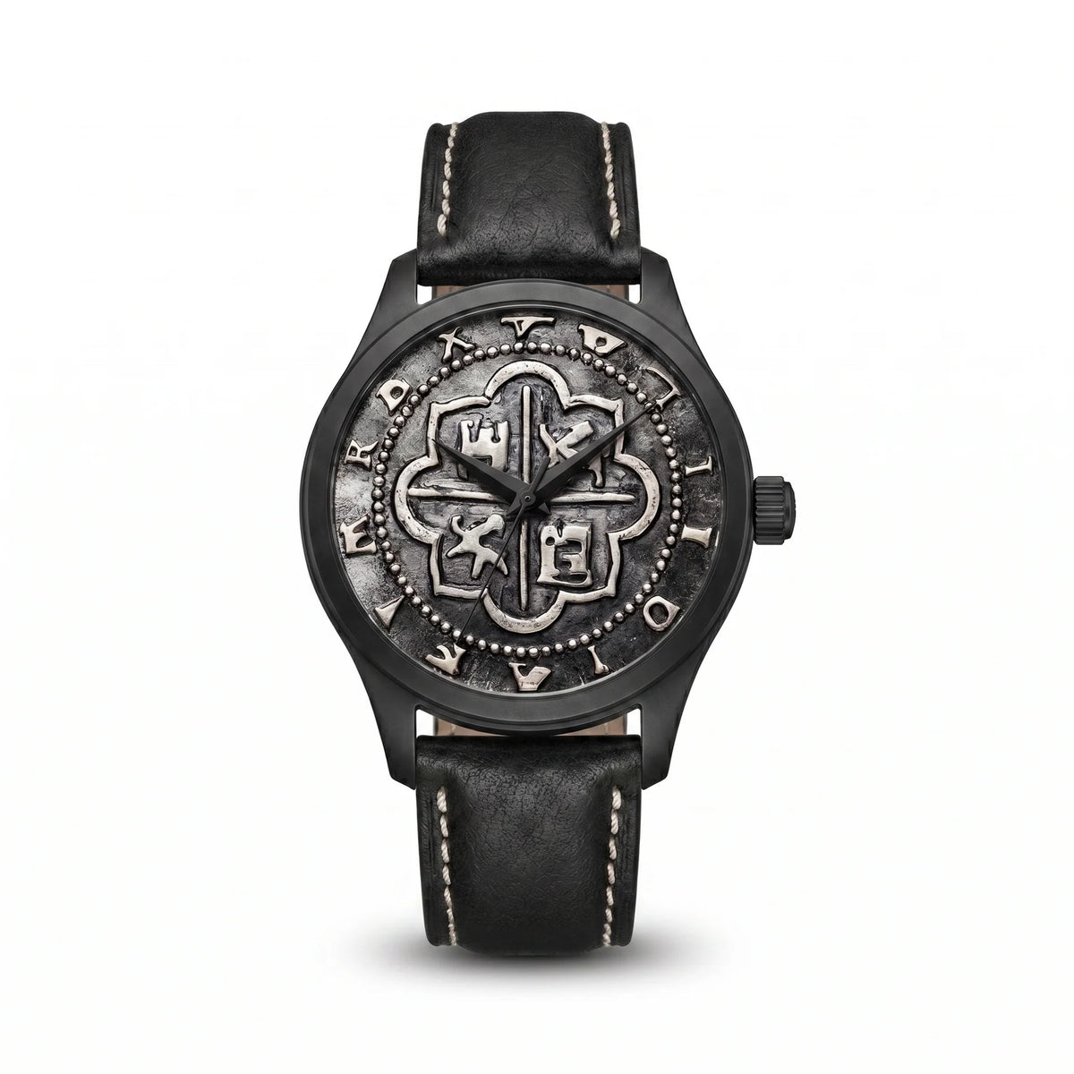 Atocha Recreation Silver Coin Watch with Black Case &amp; Black Leather Band