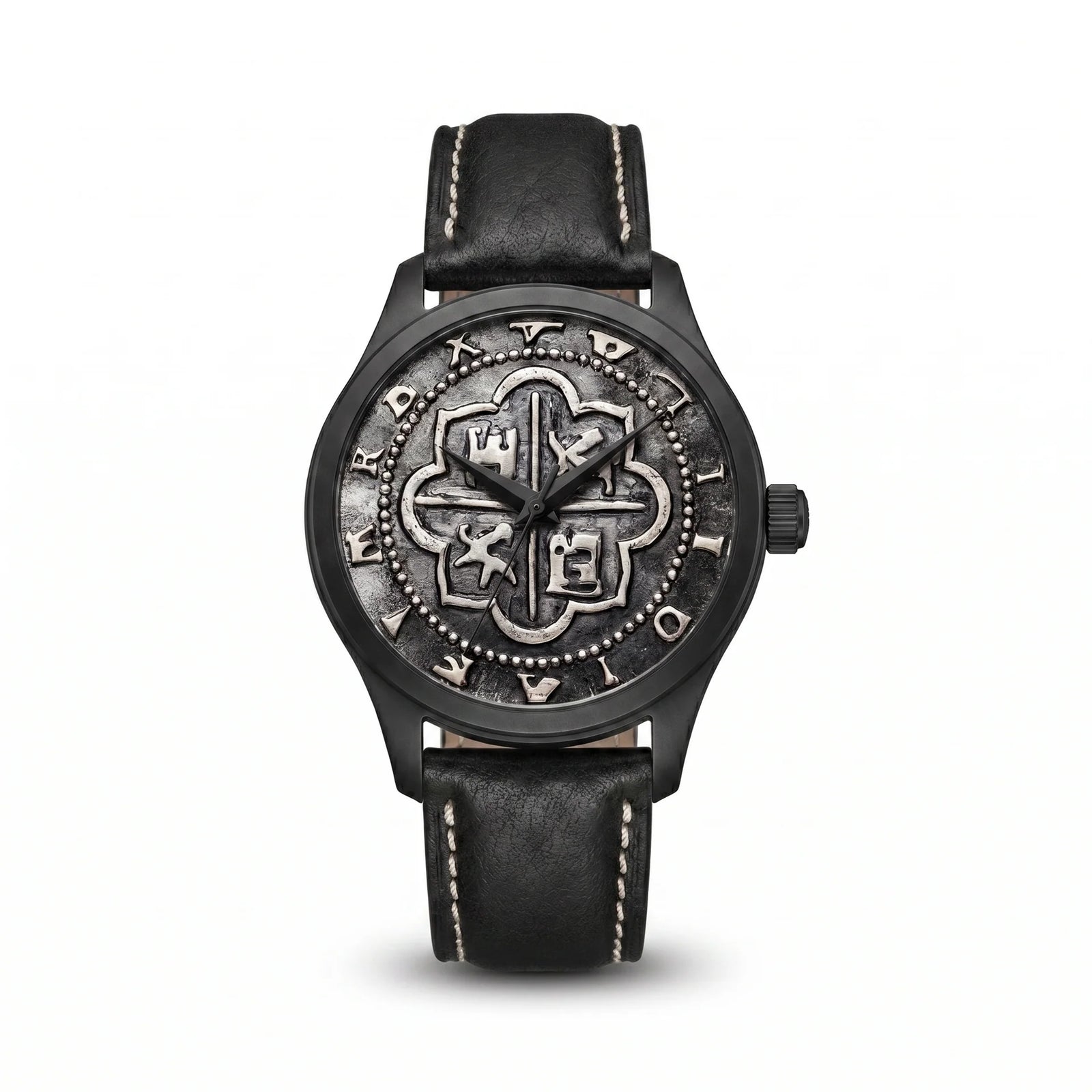 Atocha Recreation Silver Coin Watch with Black Case & Black Leather Band