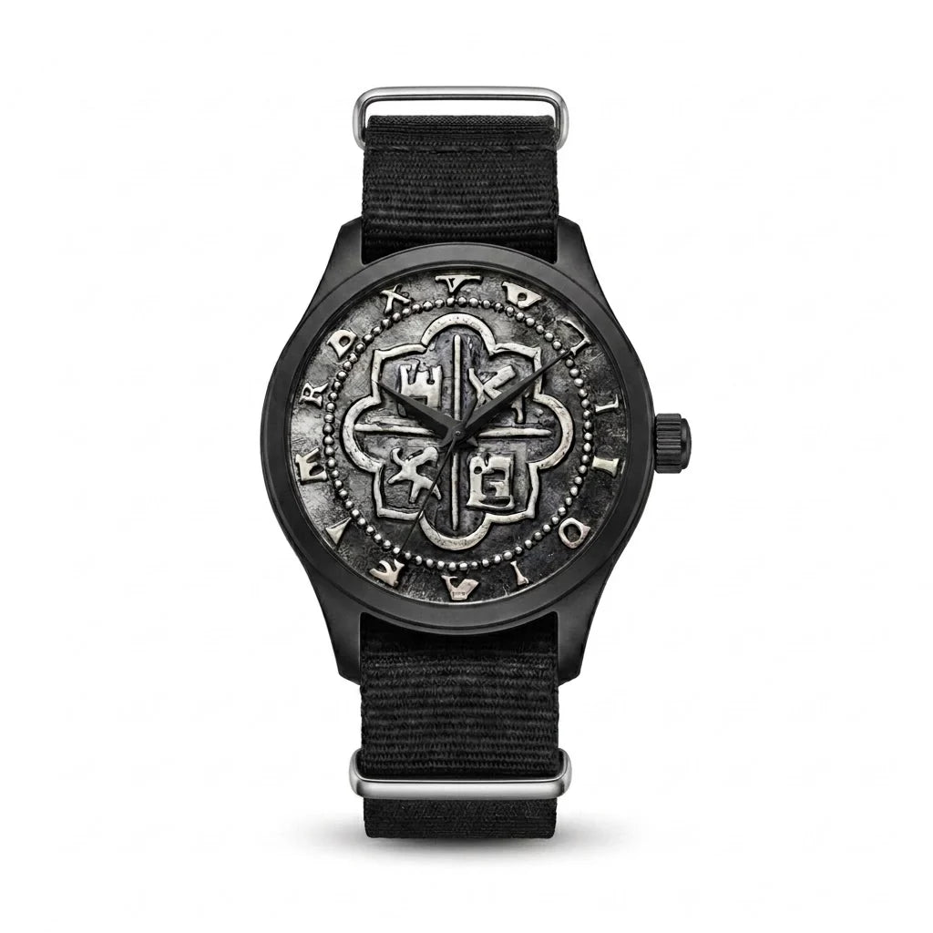 Atocha Recreation Silver Coin Watch with Black Case & Black Nylon Strap