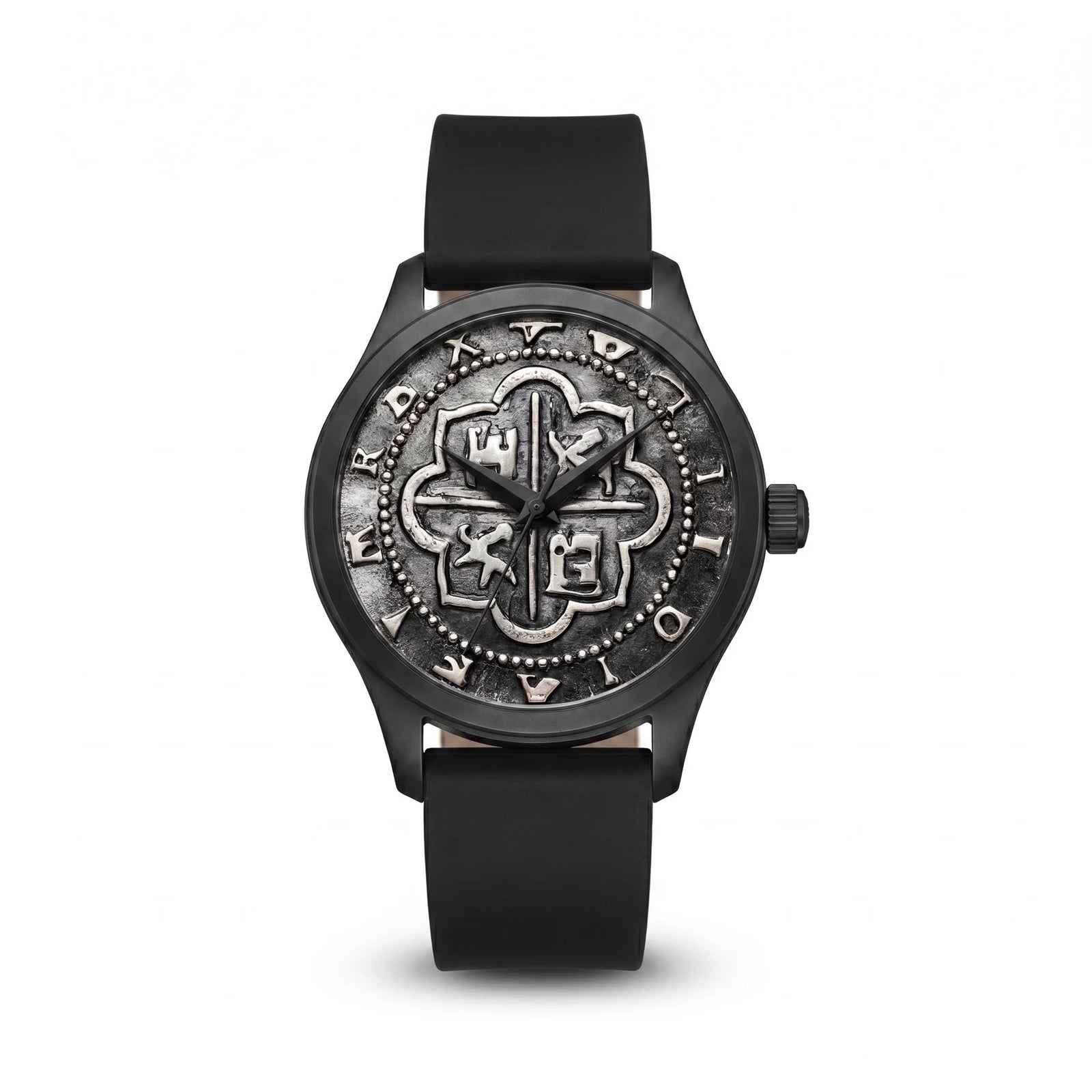 Atocha Recreation Silver Coin Watch with Black Case & Black Silicone Strap