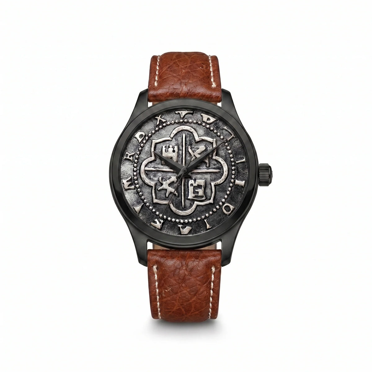 Atocha Recreation Silver Coin Watch with Black Case &amp; Brown Leather Band