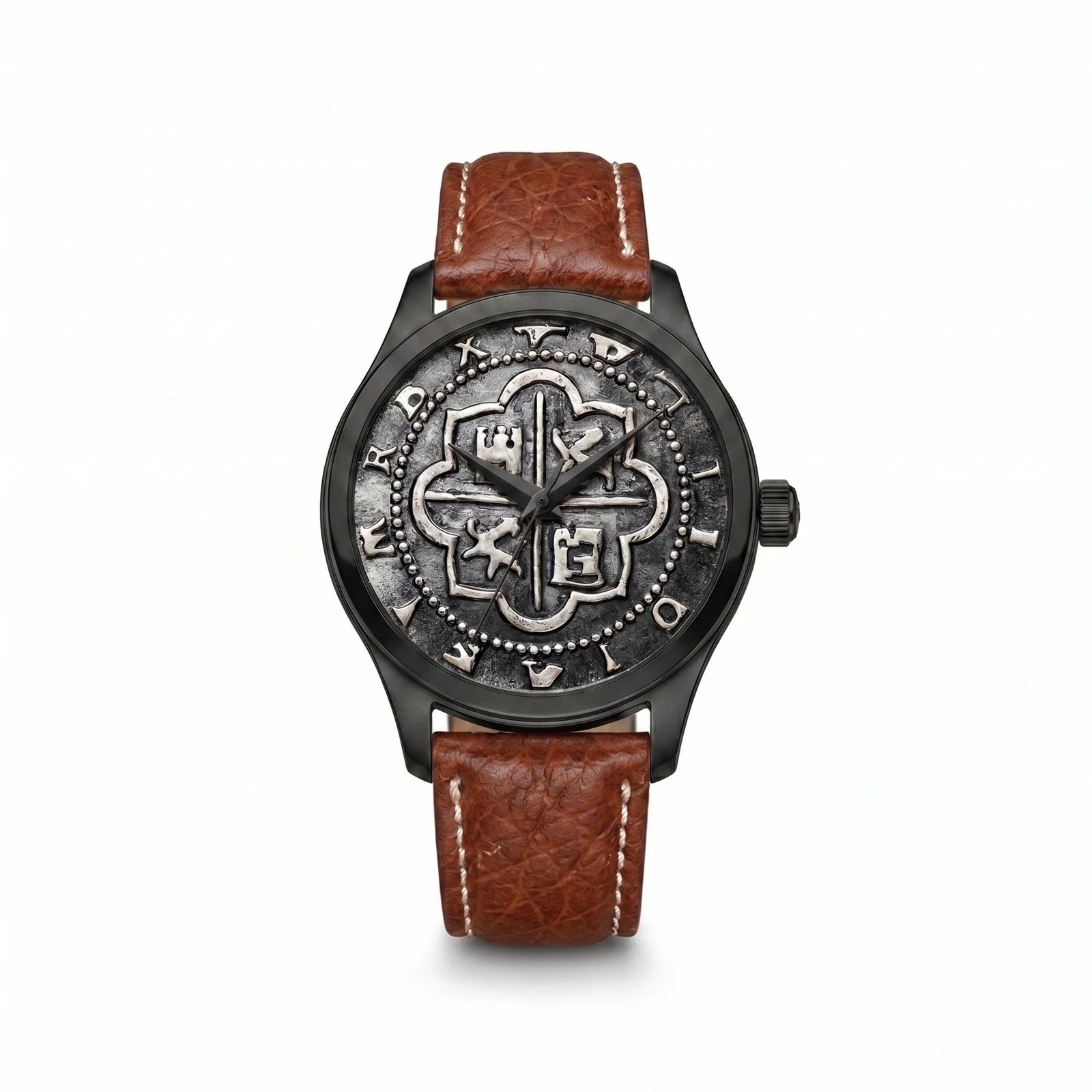 Atocha Recreation Silver Coin Watch with Black Case & Brown Leather Band
