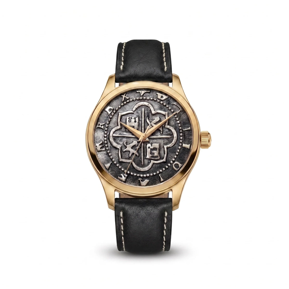 Atocha Recreation Silver Coin Watch with Gold Case &amp; Black Leather Band