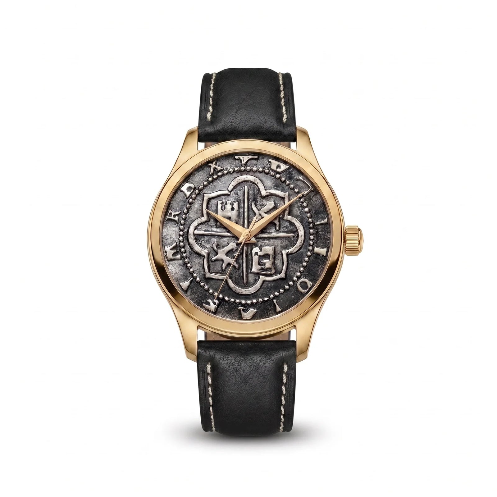 Atocha Recreation Silver Coin Watch with Gold Case & Black Leather Band