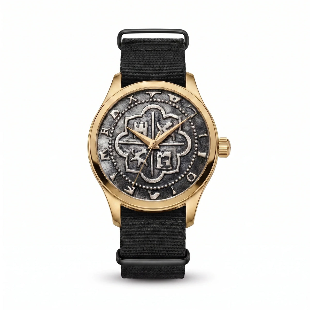 Atocha Recreation Silver Coin Watch with Gold Case &amp; Black Nylon Strap
