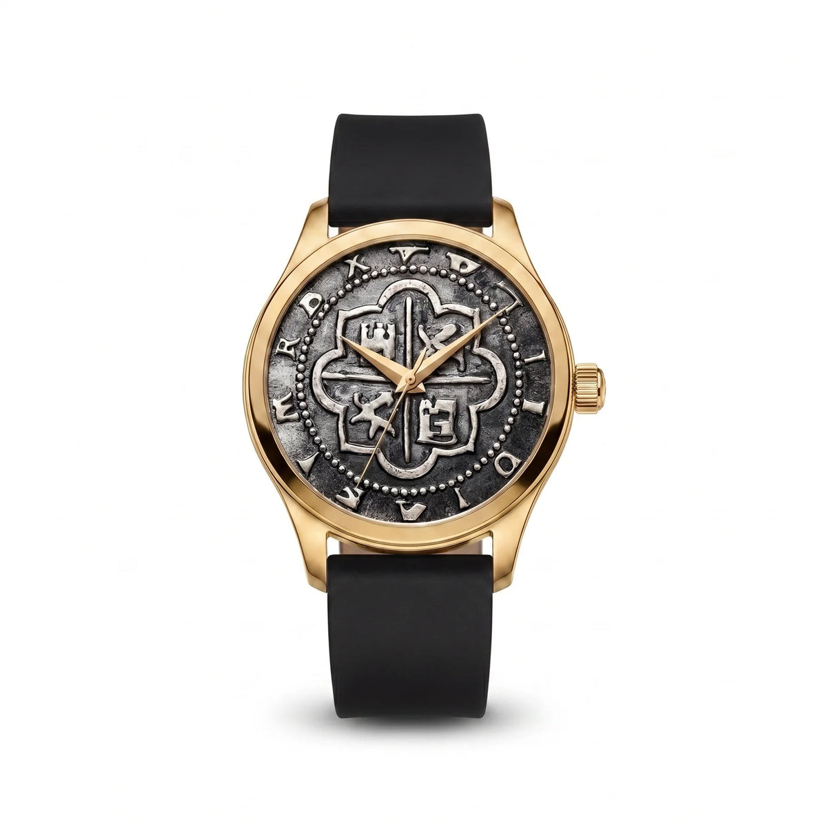 Atocha Recreation Silver Coin Watch with Gold Case &amp; Black Silicone Strap